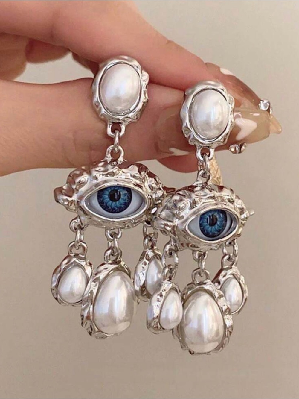 Silver-tone Blue Eye and Pearl Drop Earrings